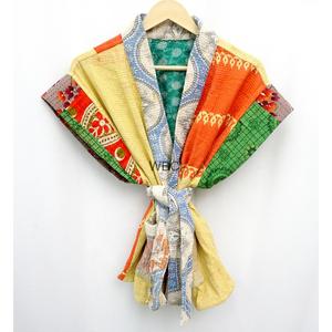 Colorful Patchwork Cotton Kimono Wrap Robe V-Neck Belted <b>Short</b> <b>Sleeve</b> Summer Women's <b>Jacket</b> - Product Image 6