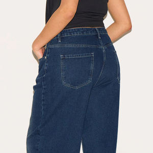Jean en denim taille haute à jambe large pour femme, délavage foncé, en coton, longueur intégrale, décontracté, pour l'automne - Product Image 5