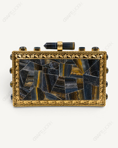 Blue Tiger Eye Gemstone <b>Clutch</b> Purse | Handmade Ornate Floral Natural Stone Minaudiere | Luxury Bridal <b>Wedding</b> Evening Bag - Product Image 2
