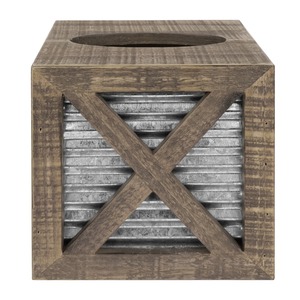 Cubierta de caja de pañuelos de madera rústica, diseño cuadrado con panel de metal, accesorio decorativo hecho a mano para el hogar - Product Image 1