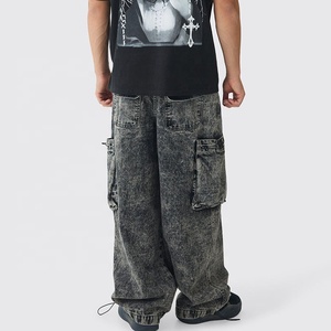 Pantalon cargo en coton délavé coupe ample jambe large taille mi-haute avec cordon de serrage streetwear longueur intégrale couleur unie plusieurs poches - Product Image 3