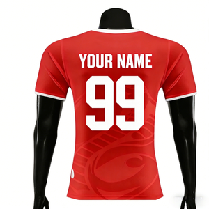 Maillot de football personnalisé pour homme, col en V, rouge et blanc, impression sublimée, numéro 99, polyester respirant, manches courtes, coupe classique - Product Image 2