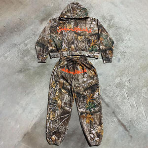 ชุดเซ็ตเสื้อฮู้ดซิปและกางเกงลายพรางสำหรับผู้ชาย ผ้าฝ้ายฟลีซ ขอบแขนเสื้อแบบริบ ชุดลำลองสองชิ้น ชุดวอร์มพิมพ์ลาย - Product Image 1
