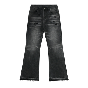 Jean droit évasé taille haute pour homme, style vintage, grandes tailles, avec denim délavé et ourlet effiloché pour un look audacieux - Product Image 1