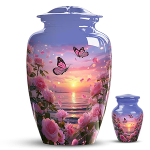 Urne funéraire en aluminium, récipient commémoratif en métal, décoration florale papillon pour l'enterrement d'un adulte - Product Image 3