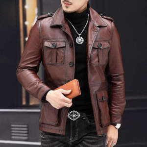 New Arrival Customized Unisex Winter Leather Jacket Breathable <b>Covered</b> <b>Button</b> Closure Casual Style - Product Image 2