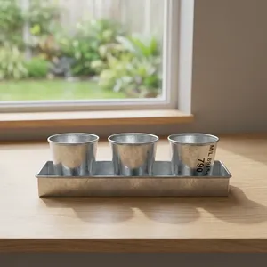 Rustic Galvanized Metal Flower Pot Set 3 Pcs <b>Square</b> Garden <b>Planters</b> Durable Ribbed Pattern ML 89154 Not Coated Desktop Use - Product Image 2