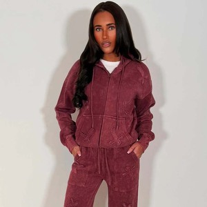 Women's Burgundy Hooded <b>Zipper</b> <b>Sweatshirt</b> & Matching Pants Set Casual Fleece Tracksuit Full Sleeve Solid Color Loose Fit - Product Image 3