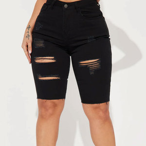 Shorts de Mezclilla para Mujer, OEM ODM, Personalizados, Desgastados, Cintura Media, Elásticos, Transpirables, Antiarrugas, 100% Algodón, Casuales de Verano - Product Image 1