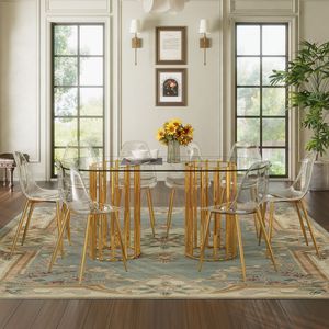Tavolo da Pranzo Ovale di Lusso in Vetro Temperato da 71 Pollici con Doppia Colonna Dorata e 8 Sedie Trasparenti - Elegante Set per Sala da Pranzo - Product Image 2