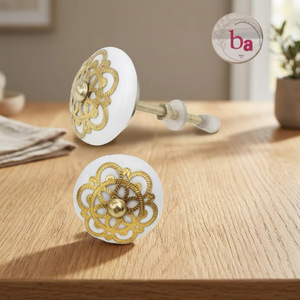 Industrial Design Round <b>Ceramic</b> Cabinet <b>Knob</b> with Gold Filigree White Finish Durable for Kitchen Furniture Handles - Product Image 1
