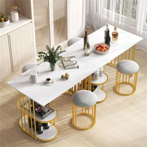 Set da Pranzo Bianco e Oro con Tavolo con Piano in Finto Marmo, 2 Ripiani Aperti e Sgabelli Imbottiti Regolabili - Product Image 3