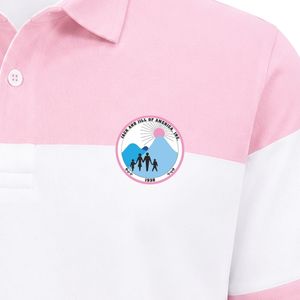 Pink <b>White</b> Color Block <b>Polo</b> Shirt Short Sleeve Striped Collared Button Front Casual <b>Golf</b> Club Team Shirt with Crest Patch - Product Image 4