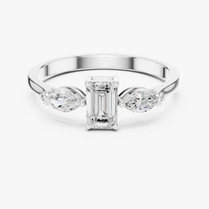 9KT Yellow Gold 1.34 CT <b>Emerald</b> and Marquise Cut Lab Grown Diamond Three Stone Engagement <b>Ring</b> for Women - Product Image 5