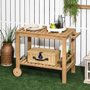 Chariot de service extérieur en bois à roulettes avec 2 étagères et porte-bouteilles pour jardin, salle à manger, mobilier de patio - Product Image 2