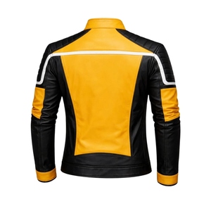 Custom Men’s Yellow Black Genuine Cowhide <b>Leather</b> <b>Biker</b> <b>Jacket</b> With Quilted Shoulders And Zip Pockets - Product Image 2