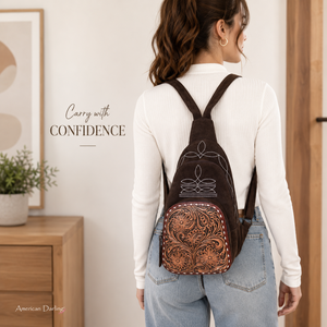 Handcrafted Western <b>Tooled</b> Leather Sling Chest Bag for Women Vintage Floral Crossbody <b>Backpack</b> Premium Suede Everyday Travel - Product Image 3