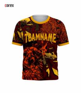 T-shirt de sport pour homme Corex, imprimé par sublimation, manches courtes, col rond, séchage rapide, coupe classique, motif rouge et jaune - Product Image 1