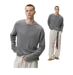 <b>Men's</b> Oversized Gray <b>Henley</b> Long Sleeve Pullover Knitted Cotton Casual Button Up <b>Top</b> Autumn Streetwear Solid Color Regular Fit - Product Image 1