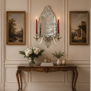 Applique murale de luxe en laiton miroir avec bras porte-bougie en verre, support mural décoratif antique pour bougies, style vintage pour la décoration intérieure - Product Image 2
