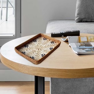 Luxury Mother of Pearl Inlay Rattan Snack <b>Serving</b> <b>Tray</b> Set Handmade Natural Shell Decorative Platter for Ramadan & Eid - Product Image 5