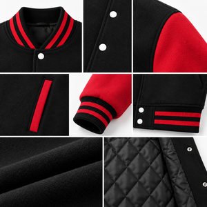 Unisex <b>Black</b> <b>Red</b> <b>Varsity</b> <b>Jacket</b> Solid Color Button Closure Regular Fit Polyester Cotton Outerwear Autumn Wear - Product Image 6