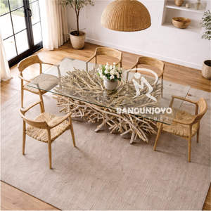 Juego de Comedor de Lujo con Mesa Cuadrada de Raíz de Teca para 6-8 Personas, Estructura de Madera Sólida, Diseño Moderno, Cubierta de Vidrio Templado, Muebles para Comedor - Product Image 4