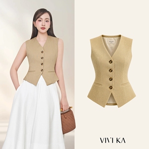 Chaleco Corto de Mujer Beige con Botones, Cuello en V, de Tela Peinada Transpirable, Ajustado, Casual, Tipo Ghilet, Proveedor OEM ODM para Trajes - Product Image 1