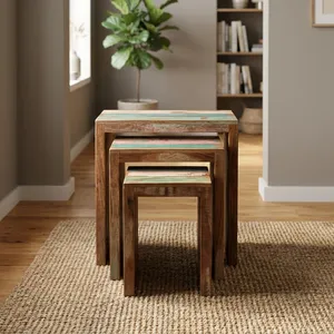Rustic Wooden Nesting Stool Set of 3 Handmade <b>Reclaimed</b> <b>Wood</b> <b>Side</b> <b>Tables</b> Compact Stackable Seating Furniture for Living Room - Product Image 5