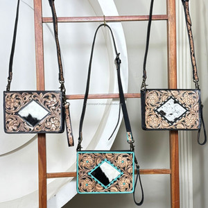 Hand-Tooled Genuine Leather Western Style Small <b>Crossbody</b> Shoulder <b>Bag</b> for Women Luxury Natural Cowhide Square Wristlet Handbags - Product Image 5