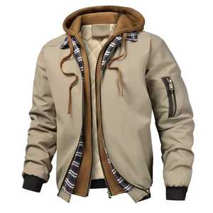 Men's Hooded Bomber <b>Jacket</b> Casual Zipper Front Stand Collar <b>Fleece</b> <b>Lining</b> Windproof Polyester Cotton Winter Wear - Product Image 1