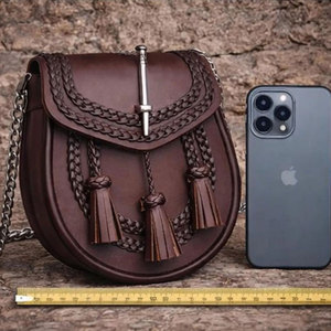 Handmade Brown Genuine Leather Scottish Kilt Braided Sporran With 3 Tassels Semi Dress Sporran with <b>Chain</b> <b>Belt</b> Strap - Product Image 4