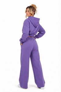 Women's Lavender Cropped Hoodie Tracksuit Wide Leg <b>Sweatpants</b> 2 Piece Set Casual Loose Fit Fleece Outfit All Seasons - Product Image 3