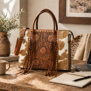 Premium Hair-On Cowhide Leather Tote Bag | Hand Tooled Floral Western <b>Purse</b> with Fringe, Spacious Laptop Shoulder Handbag Carry - Product Image 6