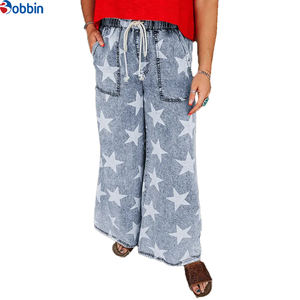 Jeans pour femmes style streetwear, imprimé étoiles, délavage clair, taille haute avec cordon de serrage, coupe large, couleur personnalisée, vintage, baggy - Product Image 2