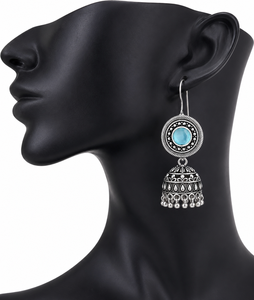 Pendientes Jhumka Tribales de Plata Oxidada India con Calcedonia Aqua |   Joyería Bohemia al por Mayor - Product Image 1