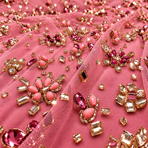 Pink Tulle <b>Fabric</b> With <b>Gold</b> Rhinestone Beaded Sequins Luxury Lace For Wedding Dress - Product Image 1