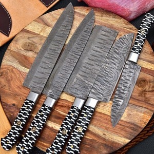 Custom Handmade Five-Piece Ambidextrous Chef <b>Set</b> Straight Edge Durable <b>Sharp</b> Damascus Steel Blades Resin Handle - Product Image 4