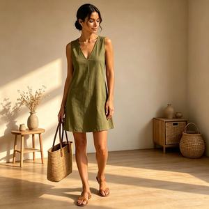 Vestido Casual de Verano para Mujer, Estilo Bohemio, Mini, sin Mangas, Cuello en V, Lino Azul, Mezcla de Lino, Teñido Liso, Transpirable - Product Image 3