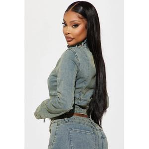 OEM Custom <b>Women</b> Cotton Knitted Paneled Zip <b>up</b> Denim Jacket and Matching <b>Jeans</b> Set Vintage Wash Slim Fit Streetwear Outfit - Product Image 2