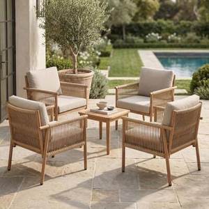 Conjunto de sofás de cuerda modernos para exteriores con estructura de madera, muebles de conversación para patio con cojines para balcón, jardín y patio trasero. - Product Image 1