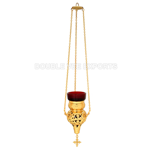 Brass Hanging Oil <b>Candle</b> Lamp with <b>Red</b> Glass | Church Sanctuary Vigil Lamp – DOUBLE VEE EXPORTS - Product Image 2