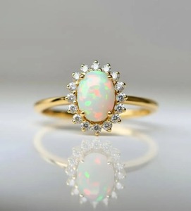 White <b>Opal</b> Halo <b>Engagement</b> <b>Ring</b>-Trendy 18K Gold Plated Silver <b>Ring</b> with Prong Set Round Brilliant Cut Diamonds - Product Image 3