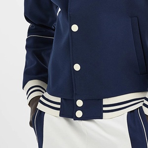 Men's Navy Blue Varsity Jacket With White Trim And <b>Button</b> Closure Preppy Style Regular Fit Autumn Wear - Product Image 3