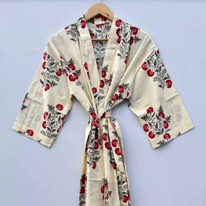 Robe à imprimé floral indien avec décoration en dentelle, peignoir élégant, vêtements de nuit pour femmes, peignoir long en coton luxueux, kimono unisexe - Product Image 1