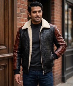 Blouson aviateur homme en cuir véritable bicolore, effet crocodile marron et noir, avec col en fausse fourrure sherpa - Product Image 1