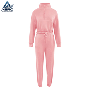 Newest Style Tracksuit Women Full Set Casual 2 Piece Outfits Plain Long Sleeve Ladies <b>Cropped</b> Half Zipper <b>Top</b> And Jogger Sets - Product Image 2