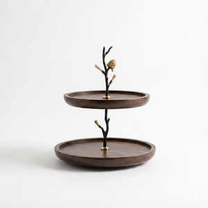 Soporte rústico de madera de 2 niveles para pasteles con bandejas de madera oscura y un tallo con forma de rama, de alta calidad, ideal para catering en el hogar. - Product Image 3