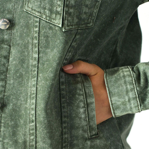 Women Green <b>Denim</b> <b>Jacket</b> Casual Button Front Long Sleeve Regular Fit Stonewashed Solid Color Autumn Outerwear - Product Image 6