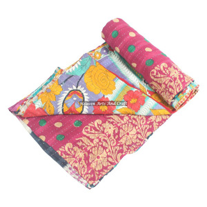 Indian Vintage Cotton Kantha Handmade Bedspread Blanket Indian Reversible Hand Stitched Heavy <b>Throw</b> Old Sari Blanket Patch Work - Product Image 5